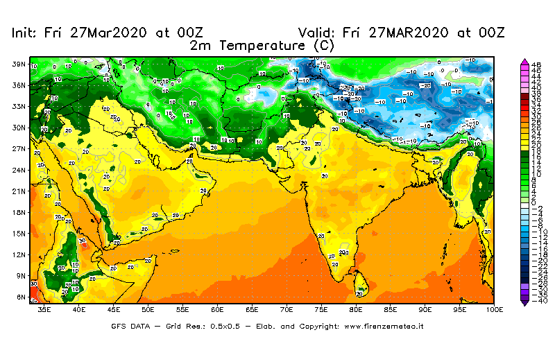 Mappa di analisi GFS - Temperatura a 2 metri dal suolo [°C] in Asia Sud-Occidentale
									del 27/03/2020 00 <!--googleoff: index-->UTC<!--googleon: index-->