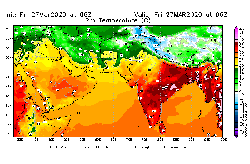 Mappa di analisi GFS - Temperatura a 2 metri dal suolo [°C] in Asia Sud-Occidentale
									del 27/03/2020 06 <!--googleoff: index-->UTC<!--googleon: index-->