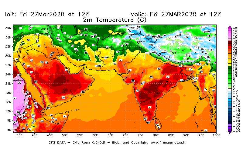 Mappa di analisi GFS - Temperatura a 2 metri dal suolo [°C] in Asia Sud-Occidentale
									del 27/03/2020 12 <!--googleoff: index-->UTC<!--googleon: index-->