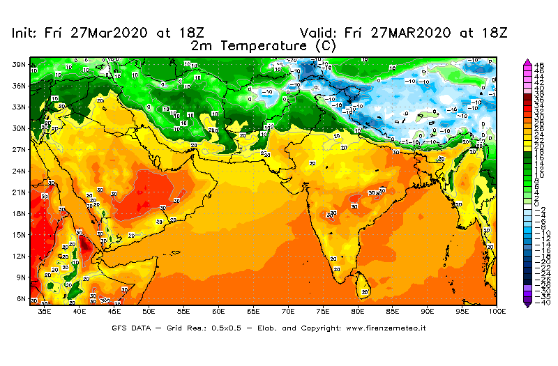 Mappa di analisi GFS - Temperatura a 2 metri dal suolo [°C] in Asia Sud-Occidentale
									del 27/03/2020 18 <!--googleoff: index-->UTC<!--googleon: index-->