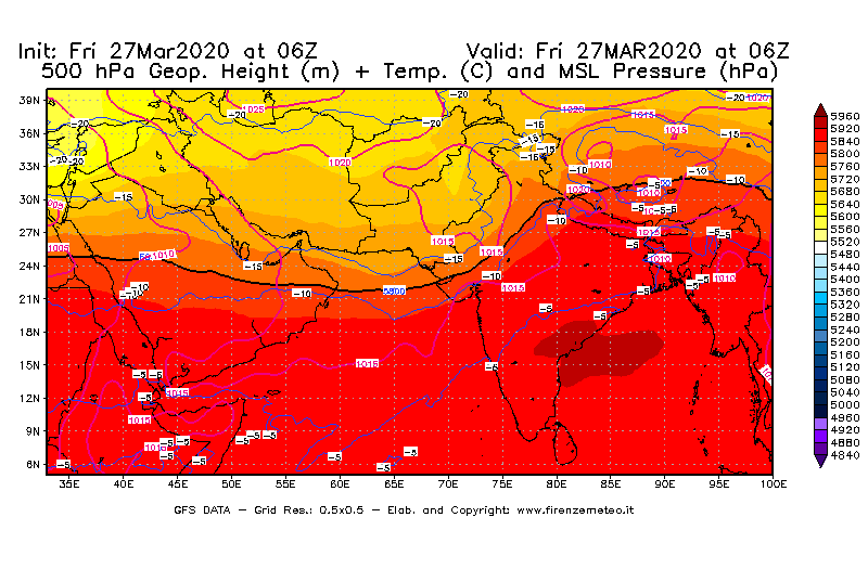 Mappa di analisi GFS - Geopotenziale [m] + Temp. [°C] a 500 hPa + Press. a livello del mare [hPa] in Asia Sud-Occidentale
									del 27/03/2020 06 <!--googleoff: index-->UTC<!--googleon: index-->
