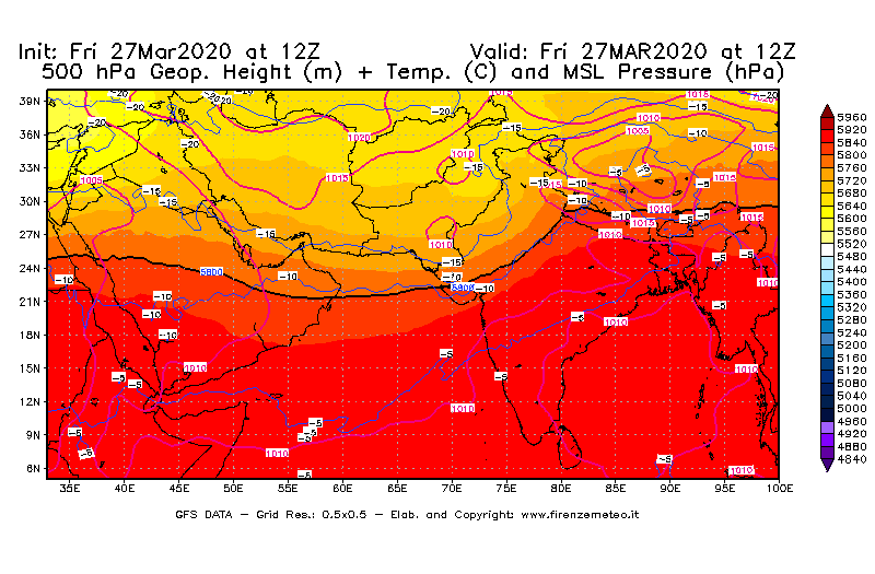 Mappa di analisi GFS - Geopotenziale [m] + Temp. [°C] a 500 hPa + Press. a livello del mare [hPa] in Asia Sud-Occidentale
									del 27/03/2020 12 <!--googleoff: index-->UTC<!--googleon: index-->