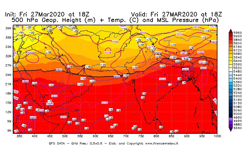 Mappa di analisi GFS - Geopotenziale [m] + Temp. [°C] a 500 hPa + Press. a livello del mare [hPa] in Asia Sud-Occidentale
									del 27/03/2020 18 <!--googleoff: index-->UTC<!--googleon: index-->