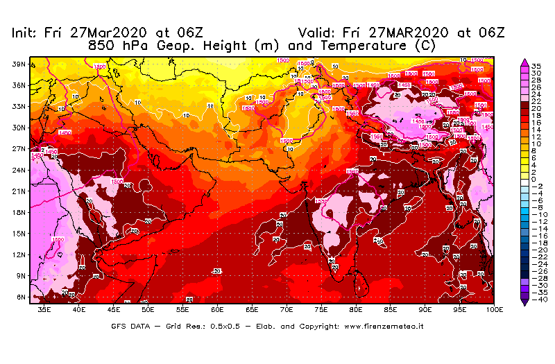 Mappa di analisi GFS - Geopotenziale [m] e Temperatura [°C] a 850 hPa in Asia Sud-Occidentale
									del 27/03/2020 06 <!--googleoff: index-->UTC<!--googleon: index-->