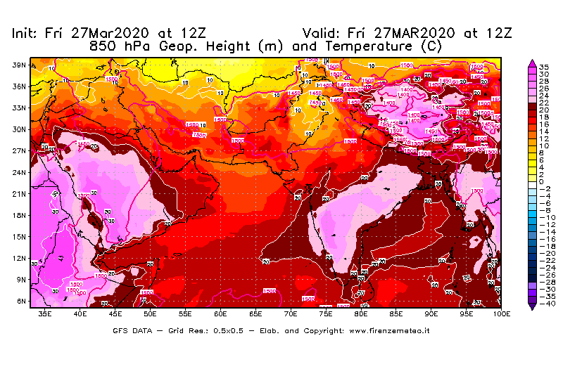 Mappa di analisi GFS - Geopotenziale [m] e Temperatura [°C] a 850 hPa in Asia Sud-Occidentale
									del 27/03/2020 12 <!--googleoff: index-->UTC<!--googleon: index-->