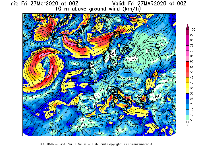 Mappa di analisi GFS - Velocità del vento a 10 metri dal suolo [km/h] in Europa
									del 27/03/2020 00 <!--googleoff: index-->UTC<!--googleon: index-->
