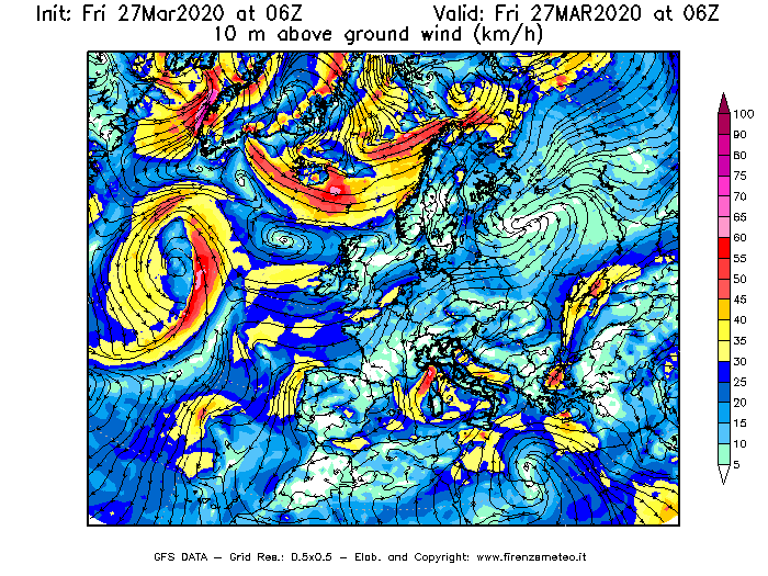 Mappa di analisi GFS - Velocità del vento a 10 metri dal suolo [km/h] in Europa
									del 27/03/2020 06 <!--googleoff: index-->UTC<!--googleon: index-->