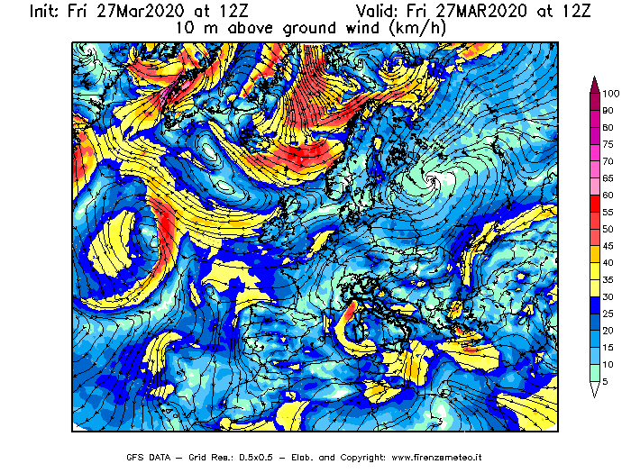 Mappa di analisi GFS - Velocità del vento a 10 metri dal suolo [km/h] in Europa
									del 27/03/2020 12 <!--googleoff: index-->UTC<!--googleon: index-->