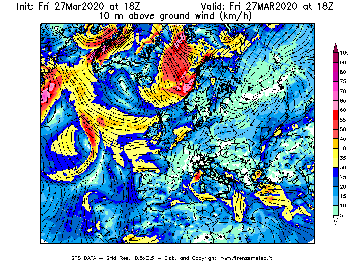 Mappa di analisi GFS - Velocità del vento a 10 metri dal suolo [km/h] in Europa
									del 27/03/2020 18 <!--googleoff: index-->UTC<!--googleon: index-->