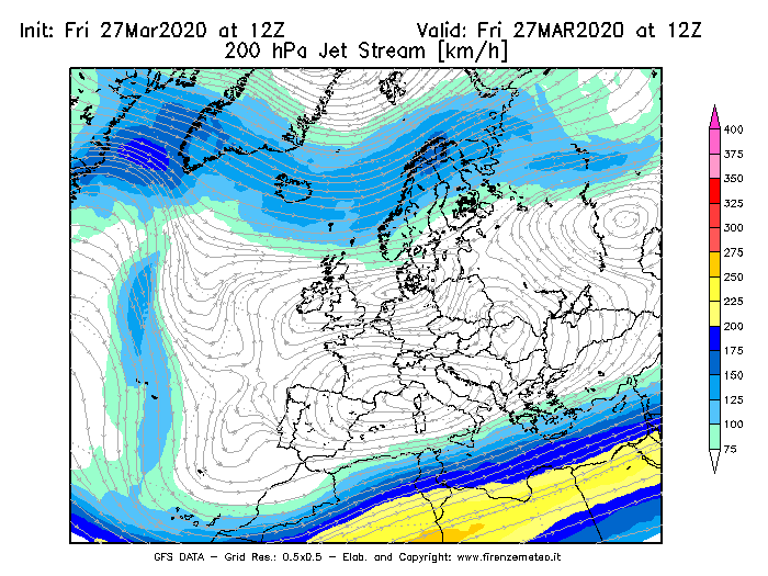 Mappa di analisi GFS - Jet Stream a 200 hPa in Europa
									del 27/03/2020 12 <!--googleoff: index-->UTC<!--googleon: index-->