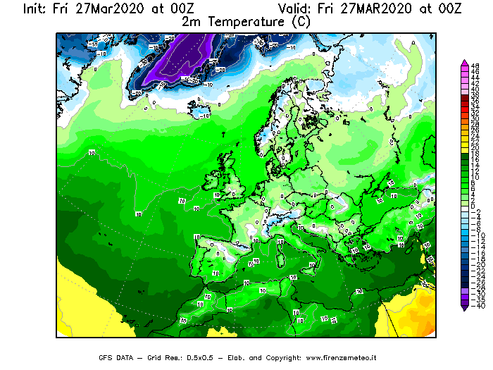 Mappa di analisi GFS - Temperatura a 2 metri dal suolo [°C] in Europa
									del 27/03/2020 00 <!--googleoff: index-->UTC<!--googleon: index-->