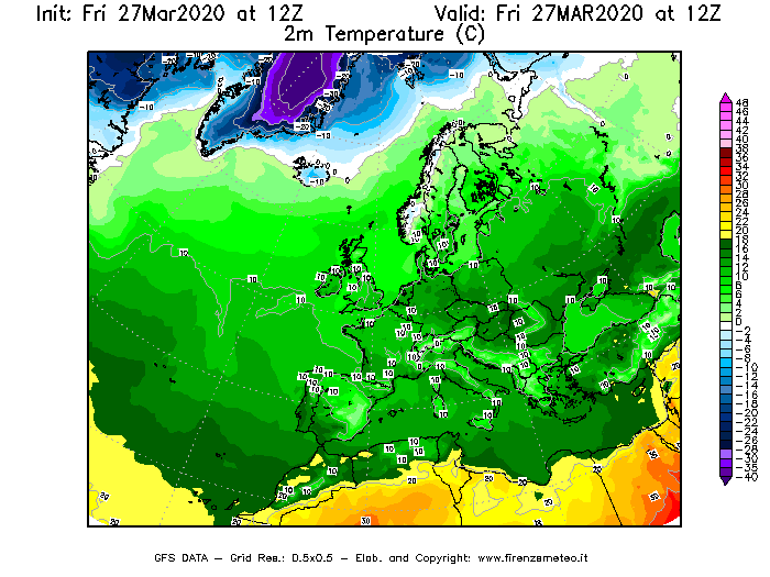 Mappa di analisi GFS - Temperatura a 2 metri dal suolo [°C] in Europa
									del 27/03/2020 12 <!--googleoff: index-->UTC<!--googleon: index-->
