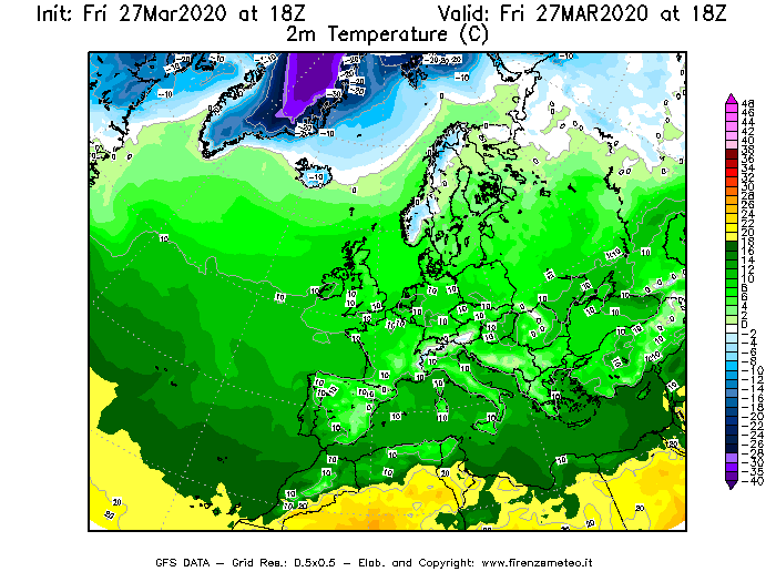 Mappa di analisi GFS - Temperatura a 2 metri dal suolo [°C] in Europa
									del 27/03/2020 18 <!--googleoff: index-->UTC<!--googleon: index-->
