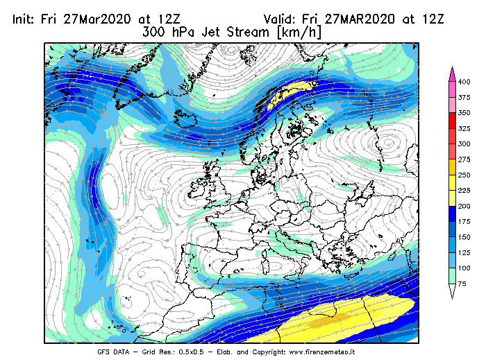 Mappa di analisi GFS - Jet Stream a 300 hPa in Europa
									del 27/03/2020 12 <!--googleoff: index-->UTC<!--googleon: index-->