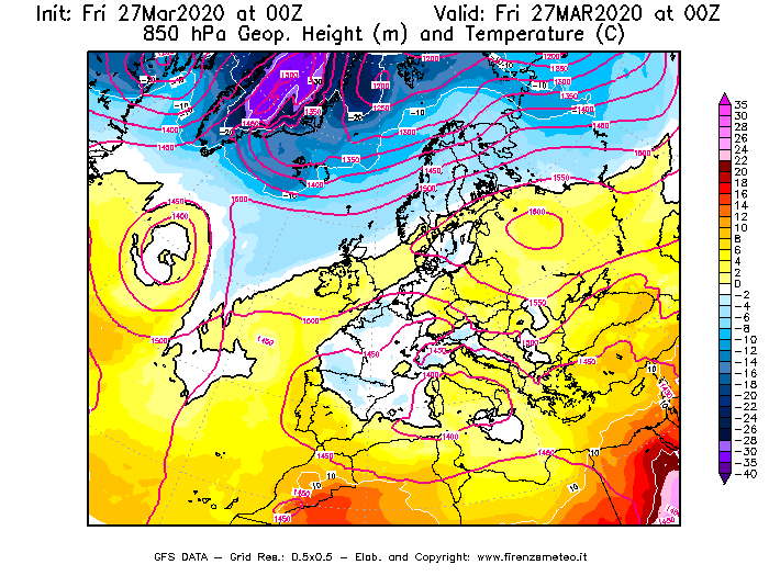 Mappa di analisi GFS - Geopotenziale [m] e Temperatura [°C] a 850 hPa in Europa
									del 27/03/2020 00 <!--googleoff: index-->UTC<!--googleon: index-->