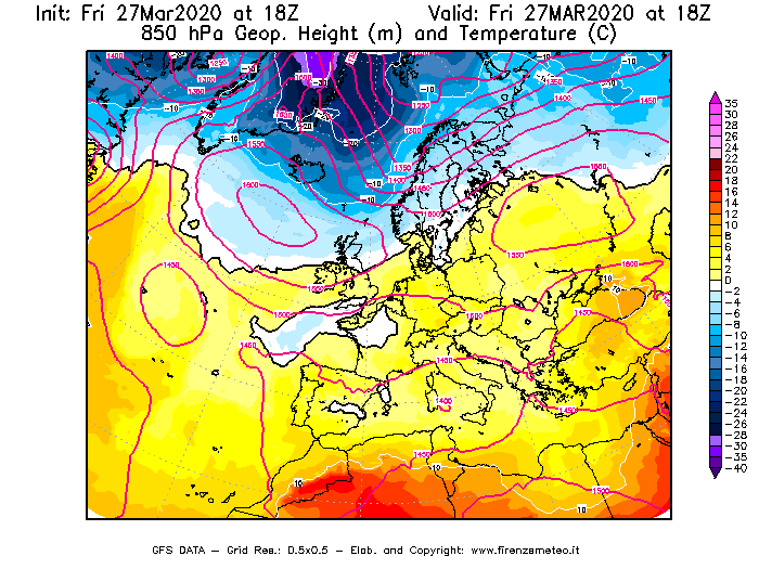 Mappa di analisi GFS - Geopotenziale [m] e Temperatura [°C] a 850 hPa in Europa
									del 27/03/2020 18 <!--googleoff: index-->UTC<!--googleon: index-->