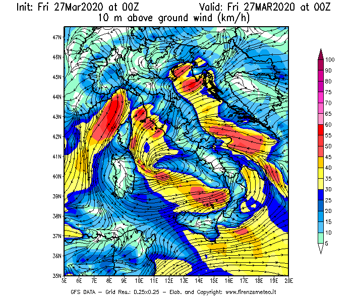 Mappa di analisi GFS - Velocità del vento a 10 metri dal suolo [km/h] in Italia
									del 27/03/2020 00 <!--googleoff: index-->UTC<!--googleon: index-->