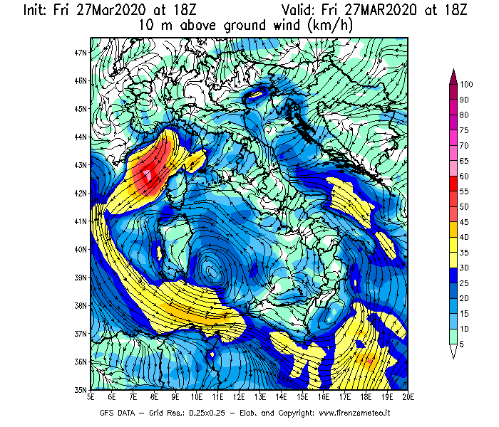 Mappa di analisi GFS - Velocità del vento a 10 metri dal suolo [km/h] in Italia
									del 27/03/2020 18 <!--googleoff: index-->UTC<!--googleon: index-->