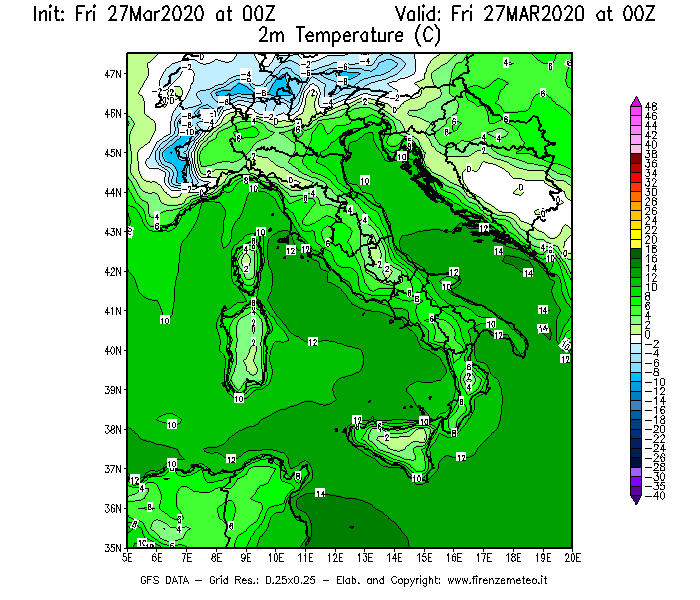 Mappa di analisi GFS - Temperatura a 2 metri dal suolo [°C] in Italia
									del 27/03/2020 00 <!--googleoff: index-->UTC<!--googleon: index-->