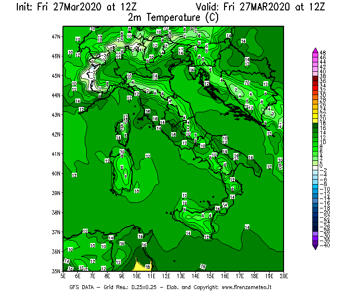 Mappa di analisi GFS - Temperatura a 2 metri dal suolo [°C] in Italia
									del 27/03/2020 12 <!--googleoff: index-->UTC<!--googleon: index-->