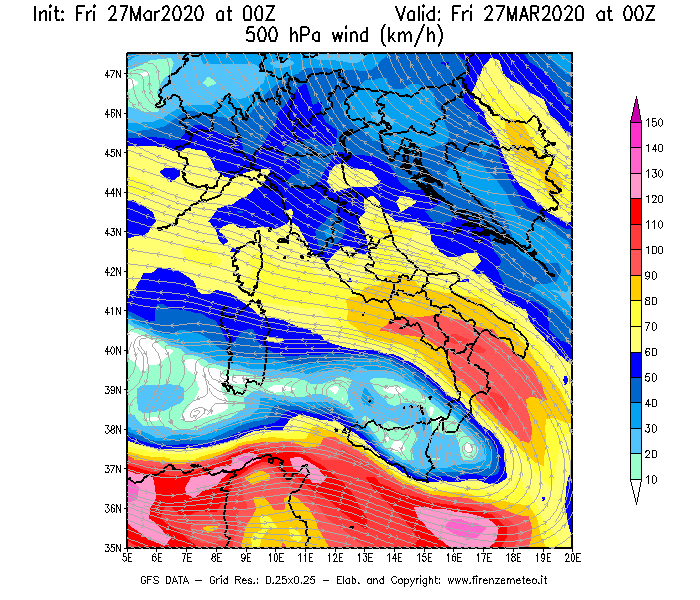 Mappa di analisi GFS - Velocità del vento a 500 hPa [km/h] in Italia
									del 27/03/2020 00 <!--googleoff: index-->UTC<!--googleon: index-->
