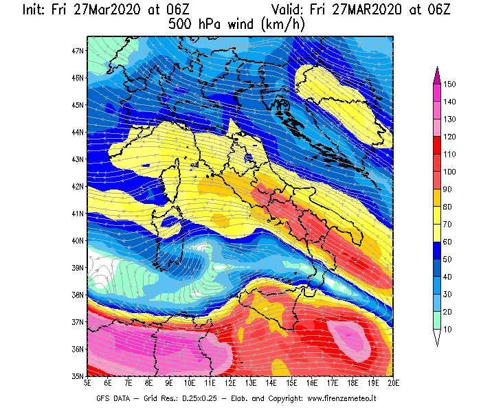 Mappa di analisi GFS - Velocità del vento a 500 hPa [km/h] in Italia
									del 27/03/2020 06 <!--googleoff: index-->UTC<!--googleon: index-->