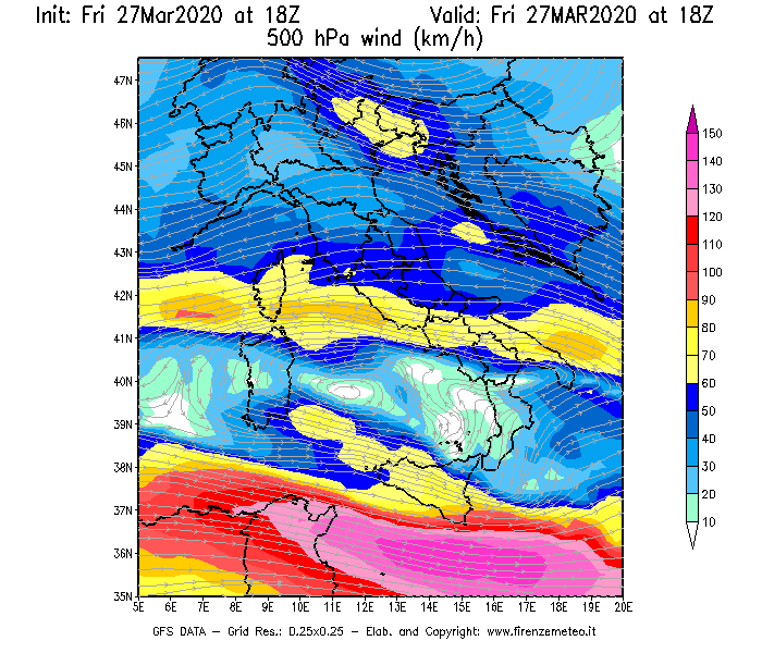 Mappa di analisi GFS - Velocità del vento a 500 hPa [km/h] in Italia
									del 27/03/2020 18 <!--googleoff: index-->UTC<!--googleon: index-->