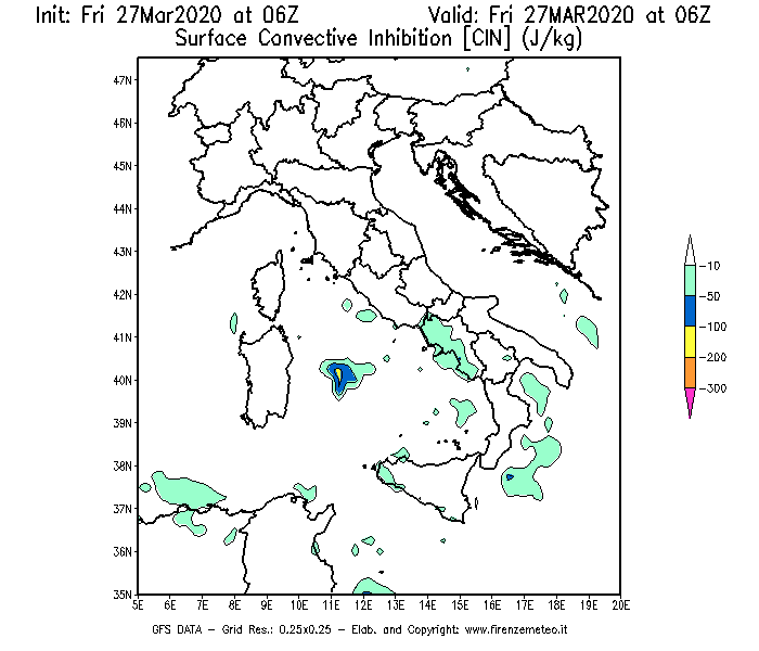 Mappa di analisi GFS - CIN [J/kg] in Italia
									del 27/03/2020 06 <!--googleoff: index-->UTC<!--googleon: index-->