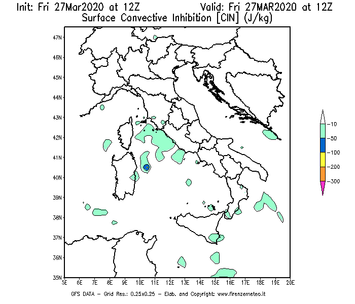 Mappa di analisi GFS - CIN [J/kg] in Italia
									del 27/03/2020 12 <!--googleoff: index-->UTC<!--googleon: index-->