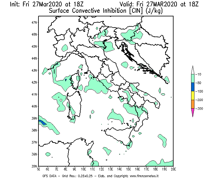 Mappa di analisi GFS - CIN [J/kg] in Italia
									del 27/03/2020 18 <!--googleoff: index-->UTC<!--googleon: index-->