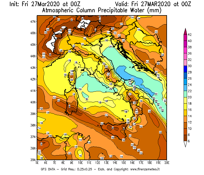 Mappa di analisi GFS - Precipitable Water [mm] in Italia
									del 27/03/2020 00 <!--googleoff: index-->UTC<!--googleon: index-->