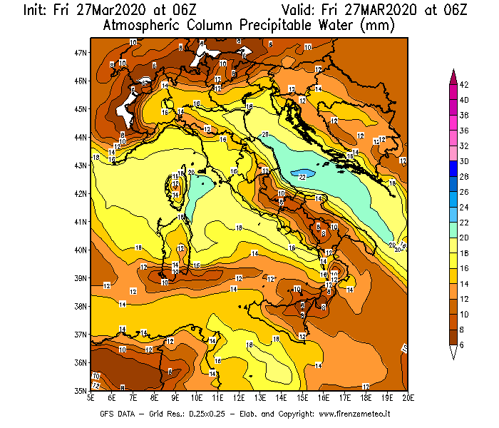 Mappa di analisi GFS - Precipitable Water [mm] in Italia
									del 27/03/2020 06 <!--googleoff: index-->UTC<!--googleon: index-->