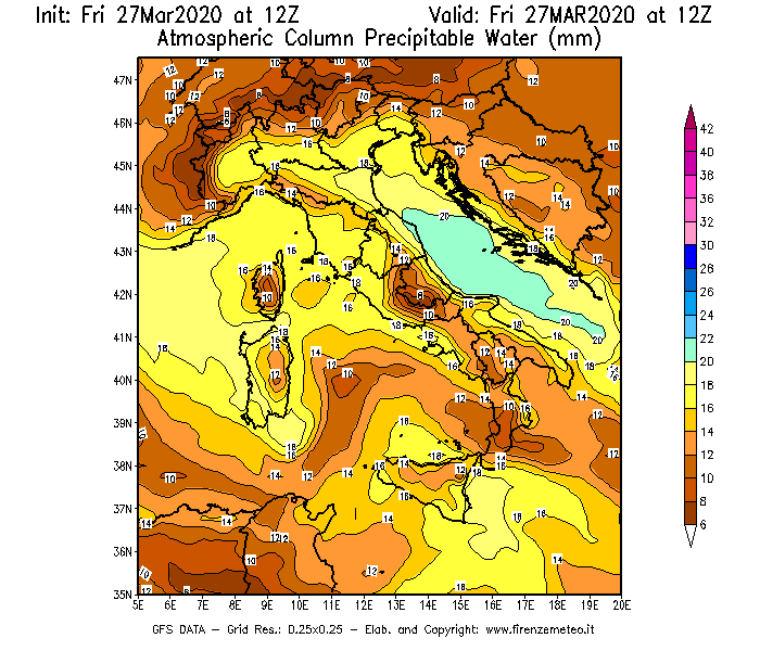 Mappa di analisi GFS - Precipitable Water [mm] in Italia
									del 27/03/2020 12 <!--googleoff: index-->UTC<!--googleon: index-->