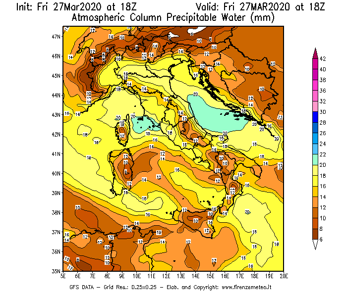 Mappa di analisi GFS - Precipitable Water [mm] in Italia
									del 27/03/2020 18 <!--googleoff: index-->UTC<!--googleon: index-->
