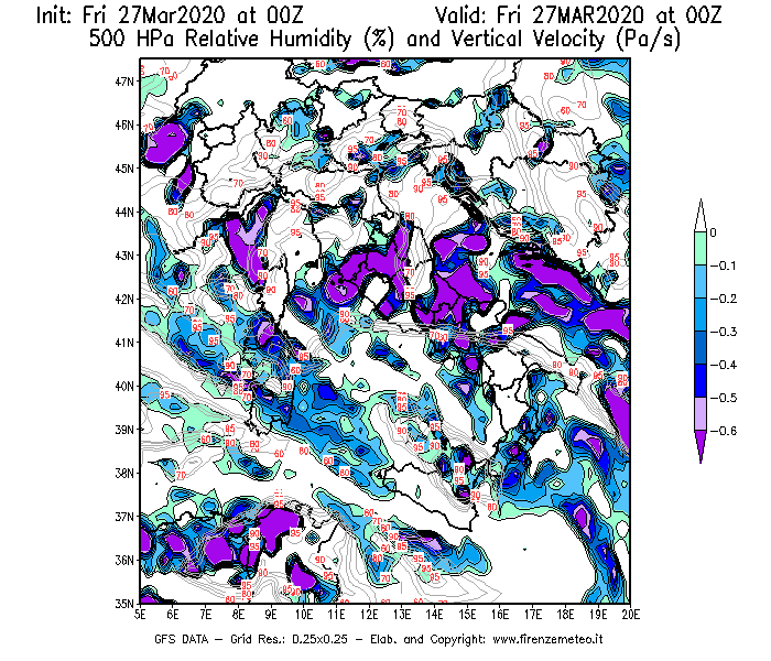 Mappa di analisi GFS - Umidità relativa [%] e Omega [Pa/s] a 500 hPa in Italia
									del 27/03/2020 00 <!--googleoff: index-->UTC<!--googleon: index-->