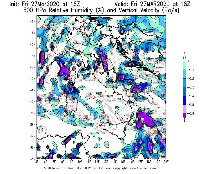 Mappa di analisi GFS - Umidità relativa [%] e Omega [Pa/s] a 500 hPa in Italia
									del 27/03/2020 18 <!--googleoff: index-->UTC<!--googleon: index-->