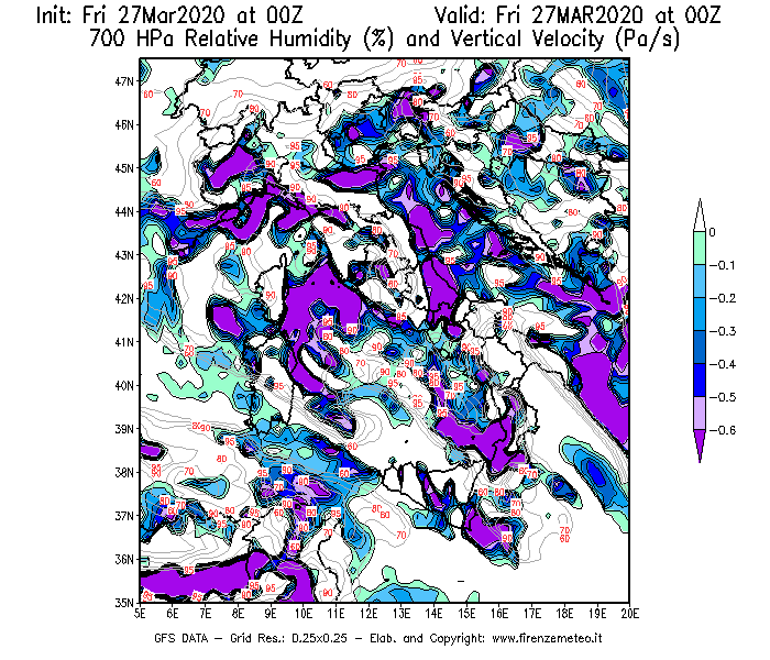 Mappa di analisi GFS - Umidità relativa [%] e Omega [Pa/s] a 700 hPa in Italia
									del 27/03/2020 00 <!--googleoff: index-->UTC<!--googleon: index-->