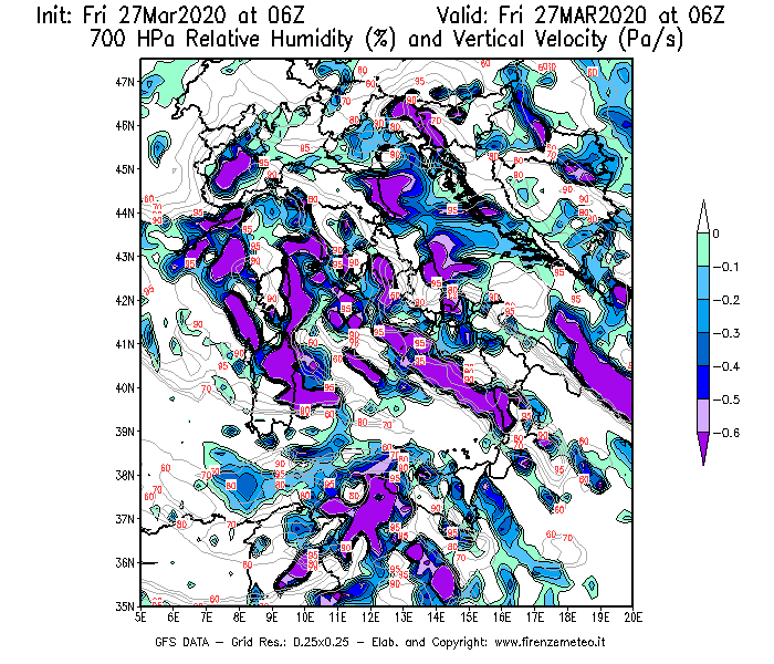 Mappa di analisi GFS - Umidità relativa [%] e Omega [Pa/s] a 700 hPa in Italia
									del 27/03/2020 06 <!--googleoff: index-->UTC<!--googleon: index-->