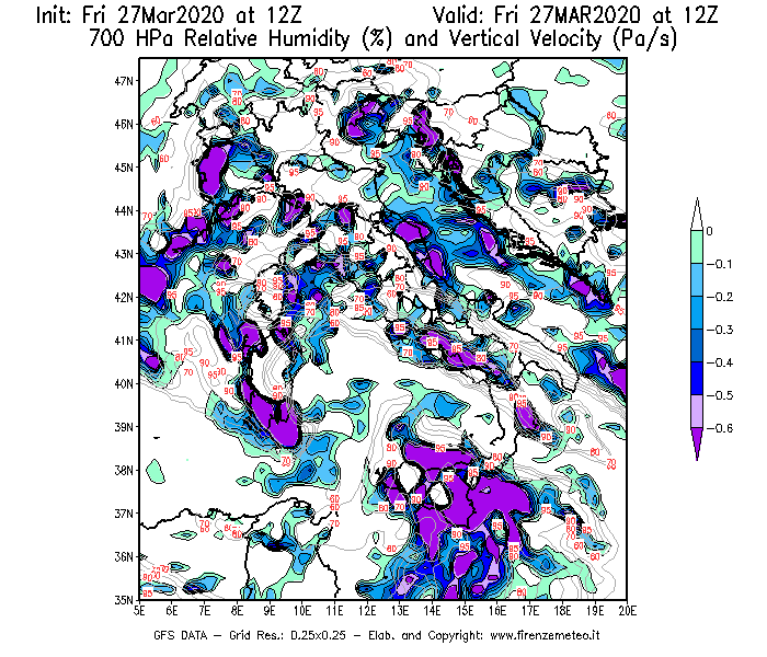 Mappa di analisi GFS - Umidità relativa [%] e Omega [Pa/s] a 700 hPa in Italia
									del 27/03/2020 12 <!--googleoff: index-->UTC<!--googleon: index-->