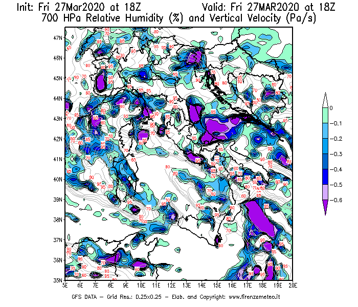 Mappa di analisi GFS - Umidità relativa [%] e Omega [Pa/s] a 700 hPa in Italia
									del 27/03/2020 18 <!--googleoff: index-->UTC<!--googleon: index-->