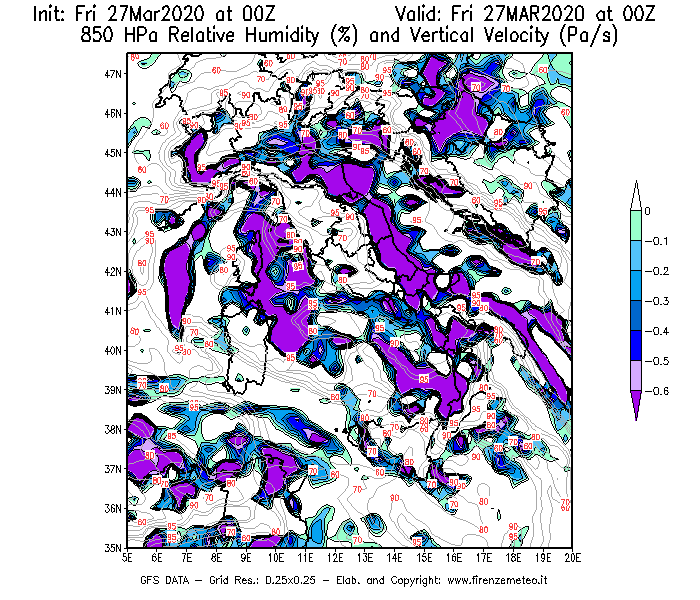 Mappa di analisi GFS - Umidità relativa [%] e Omega [Pa/s] a 850 hPa in Italia
									del 27/03/2020 00 <!--googleoff: index-->UTC<!--googleon: index-->