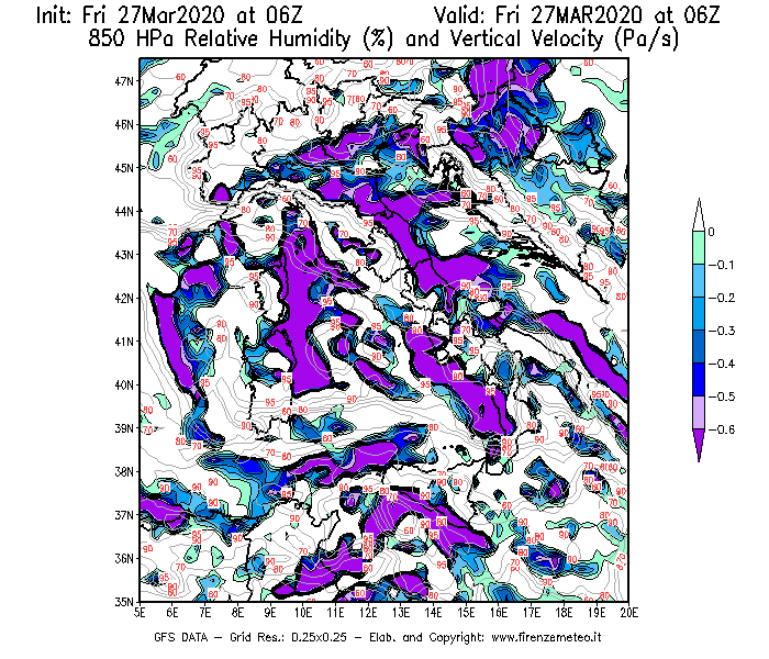 Mappa di analisi GFS - Umidità relativa [%] e Omega [Pa/s] a 850 hPa in Italia
									del 27/03/2020 06 <!--googleoff: index-->UTC<!--googleon: index-->