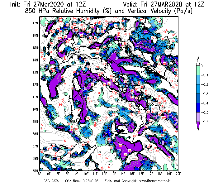 Mappa di analisi GFS - Umidità relativa [%] e Omega [Pa/s] a 850 hPa in Italia
									del 27/03/2020 12 <!--googleoff: index-->UTC<!--googleon: index-->