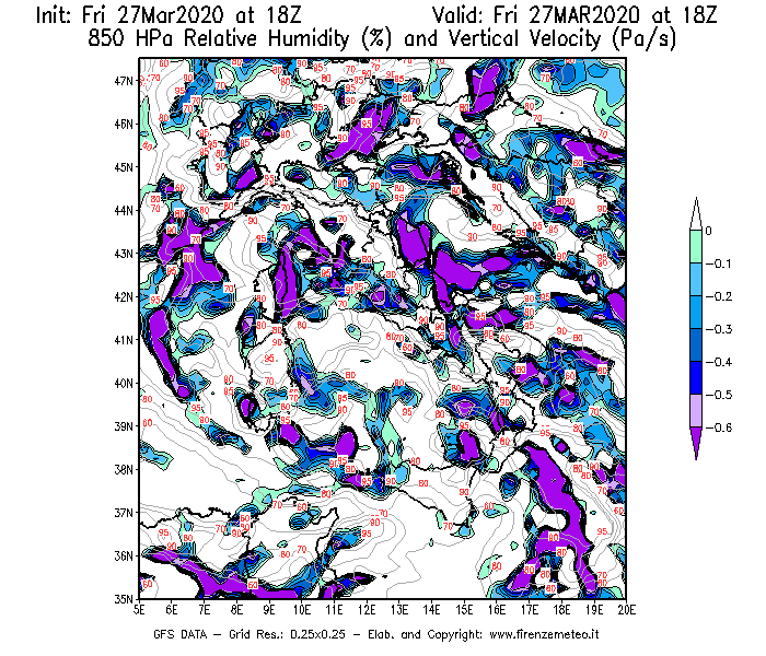 Mappa di analisi GFS - Umidità relativa [%] e Omega [Pa/s] a 850 hPa in Italia
									del 27/03/2020 18 <!--googleoff: index-->UTC<!--googleon: index-->