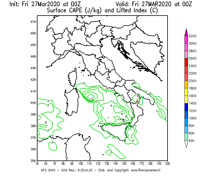 Mappa di analisi GFS - CAPE [J/kg] e Lifted Index [°C] in Italia
									del 27/03/2020 00 <!--googleoff: index-->UTC<!--googleon: index-->