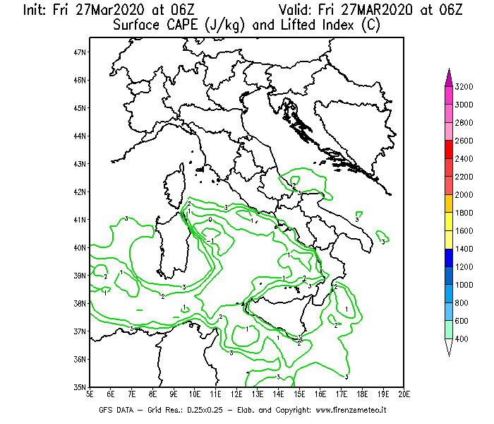 Mappa di analisi GFS - CAPE [J/kg] e Lifted Index [°C] in Italia
									del 27/03/2020 06 <!--googleoff: index-->UTC<!--googleon: index-->
