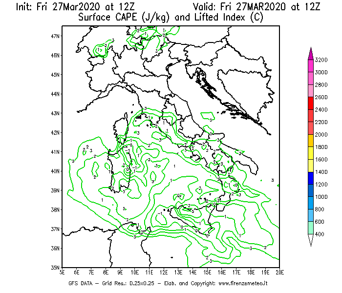 Mappa di analisi GFS - CAPE [J/kg] e Lifted Index [°C] in Italia
									del 27/03/2020 12 <!--googleoff: index-->UTC<!--googleon: index-->