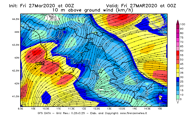 Mappa di analisi GFS - Velocità del vento a 10 metri dal suolo [km/h] in Centro-Italia
									del 27/03/2020 00 <!--googleoff: index-->UTC<!--googleon: index-->