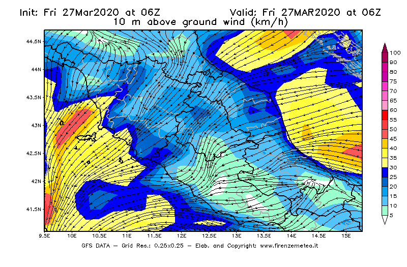 Mappa di analisi GFS - Velocità del vento a 10 metri dal suolo [km/h] in Centro-Italia
									del 27/03/2020 06 <!--googleoff: index-->UTC<!--googleon: index-->