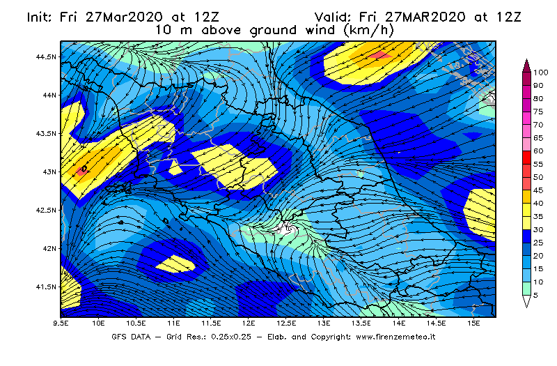 Mappa di analisi GFS - Velocità del vento a 10 metri dal suolo [km/h] in Centro-Italia
									del 27/03/2020 12 <!--googleoff: index-->UTC<!--googleon: index-->
